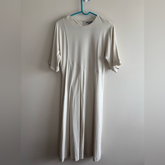 COS Lagenlook Asymmetrical Cream Midi Dress size S Jersey stretch - Picture 2 of 9